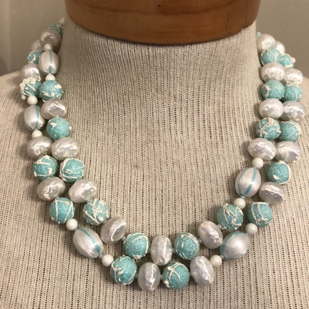 Vintage 1950’s Two Strand Splatter & Striped Satin Bead Necklace - Picture 10 of 12